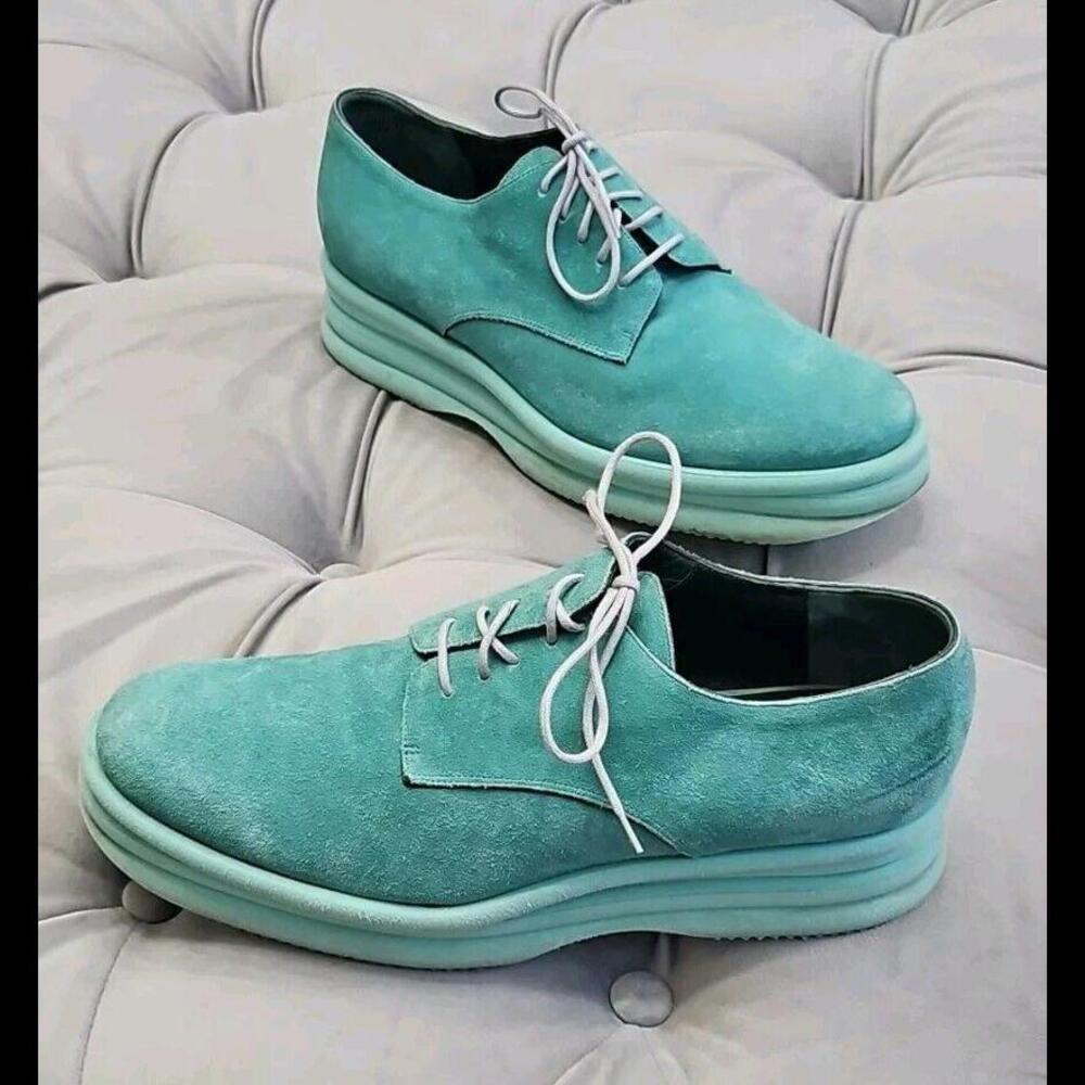 Dries Van Noten Mint Green Suede Platform Lace Up Oxford Womens Shoes 38.5 8.5
